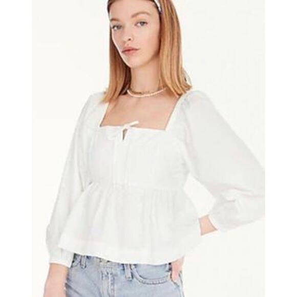 J crew Top Square Neck Cotton Poplin Balloon Sleeve White Boho Size 10 - Picture 1 of 15